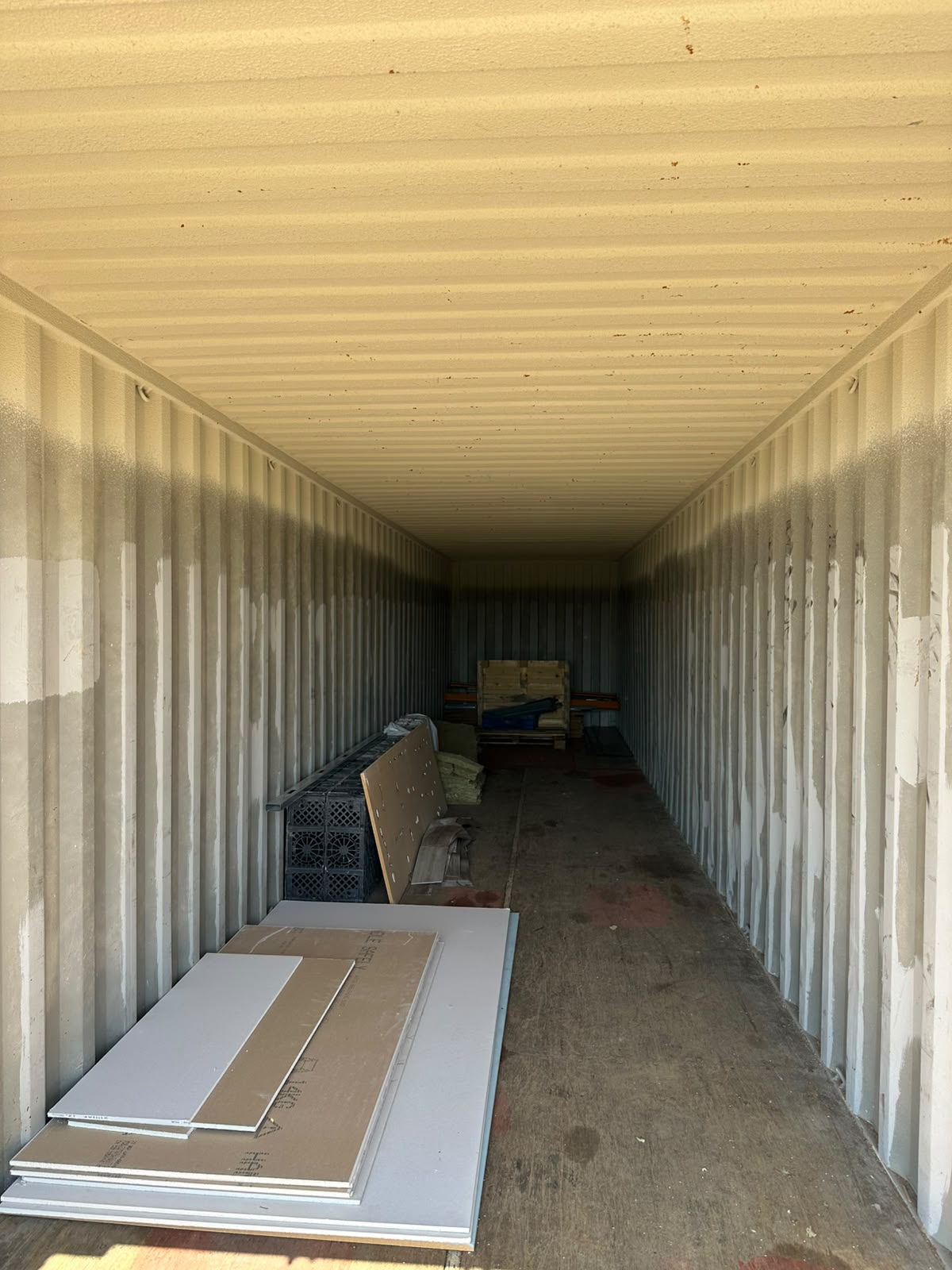 Interior of a 40ft storage container at Grovelands Business Park, Northamptonshire, showing full depth