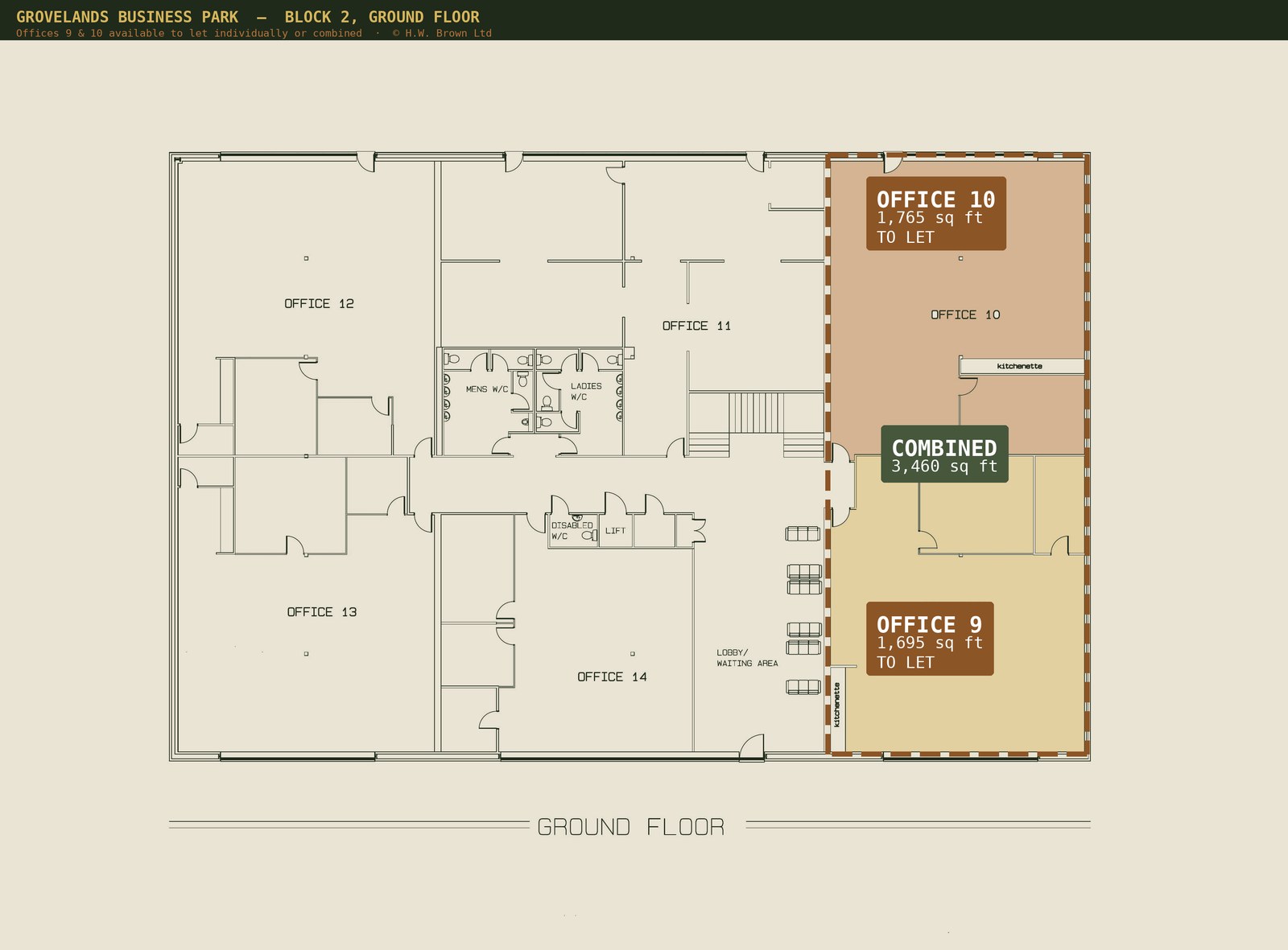 Ground floor plan of Block 2, Grovelands Business Park, showing offices 9 and 10 available to let