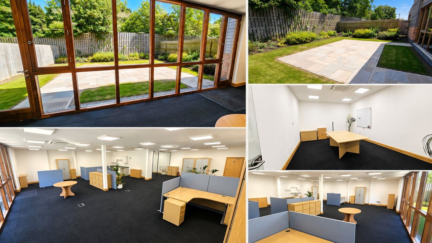 Interior views of Office 10 at Grovelands Business Park — open plan workspace, private courtyard garden with full-height glazing and individual office