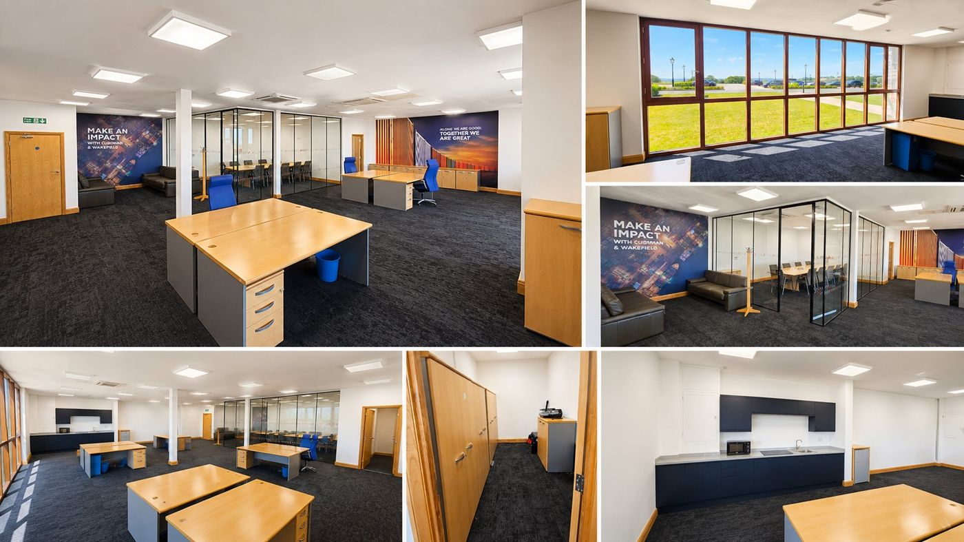 Interior views of Office 9 at Grovelands Business Park — open plan workspace, glass-partitioned meeting room, kitchenette and countryside views