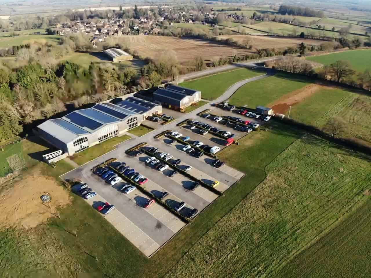 Aerial view of Grovelands Business Park — office buildings and car park set in Northamptonshire countryside