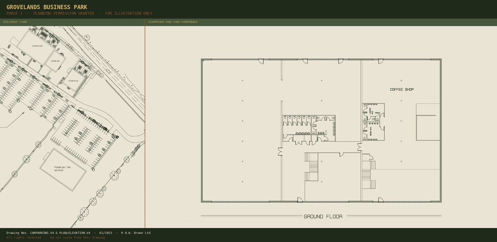 Approved plans for Grovelands Business Park Phase 3 — showing site layout and floor plans for the gym, café and conference building